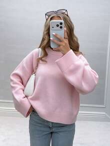 FOR BEAUTY Fall Winter Women Sweaters Elegant Casual Y2K Pink Round Neck Drop Shoulder Oversized Loose Fit Pullover Ribbed Knitwear Top - Pink - View 2