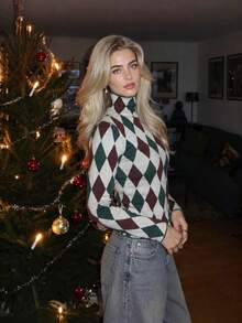 Pull col roulé slim fit décontracté en maille à imprimé argyle pour femmes, manches longues, motif Noël/vacances d'automne/hiver, t-shirt pour le quotidien - Multicolore - Voir 1