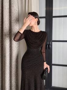 Women's Solid Color Pleated Elegant Waist-Cinching Party Dress - Coffee Brown - View 2