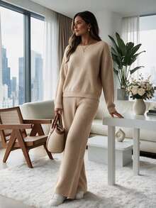 Women's Oatmeal Ribbed Knit Boat Neck Long Sleeve Top & Wide Leg Pants Two Pieces Set, Cozy Casual Loungewear Daily Wear - Oatmeal Color - View 3
