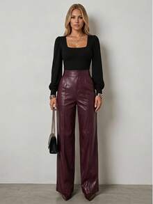 Women's High-Waisted Leather Pants With Pockets And A Slight Width Towards The Ankle., 37373 - Burgundy - View 6