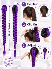 Wig Ekor Kuda Kepang Panjang Ungu, Wig Ekor Kuda Tebal Panjang dengan Jepitan Cakar, Kepang Berpilin, Cocok untuk Halloween, Pesta, Cosplay, K-Pop, Y2K dan Festival - MultiWarna - View 3