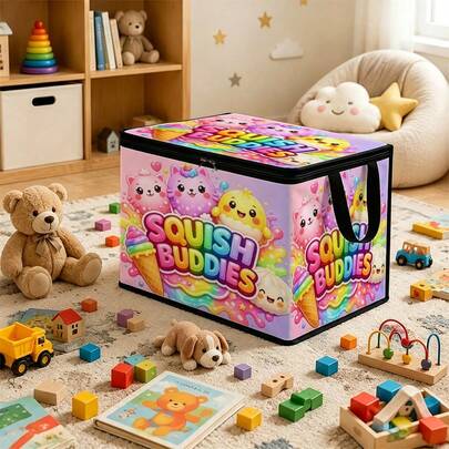 1PC Squish Buddies Pattern Under-Bed Storage Box With Zipper Flip Cover, Foldable Organizer For Books, Under-Bed Storage, Car Trunk Storage, Cosmetics, Hair Tools, Toys, Back To School, Office, Home Organization, Clothes, Blankets, And Daily Essentials