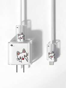 Cute White Cat Tongue Transparent Charger & Cable Protector Set – Compatible With Apple 20W Fast Charger & Data Cable – Drop-Resistant Shell - Multicolor - View 5
