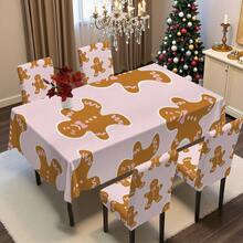 1PC/4PCS/5PCS/6PCS/7PCS/30PCS Light Pink Cute Gingerbread Man Print Tablecloth & Elastic Chair Cover Set, Non-Slip Washable Dining Tablecloth + Elastic Chair Covers, Suitable For Christmas Eve Dinner, Christmas Family Gathering, Holiday Party, Home Dining Table Decoration - Baby Pink - View 6