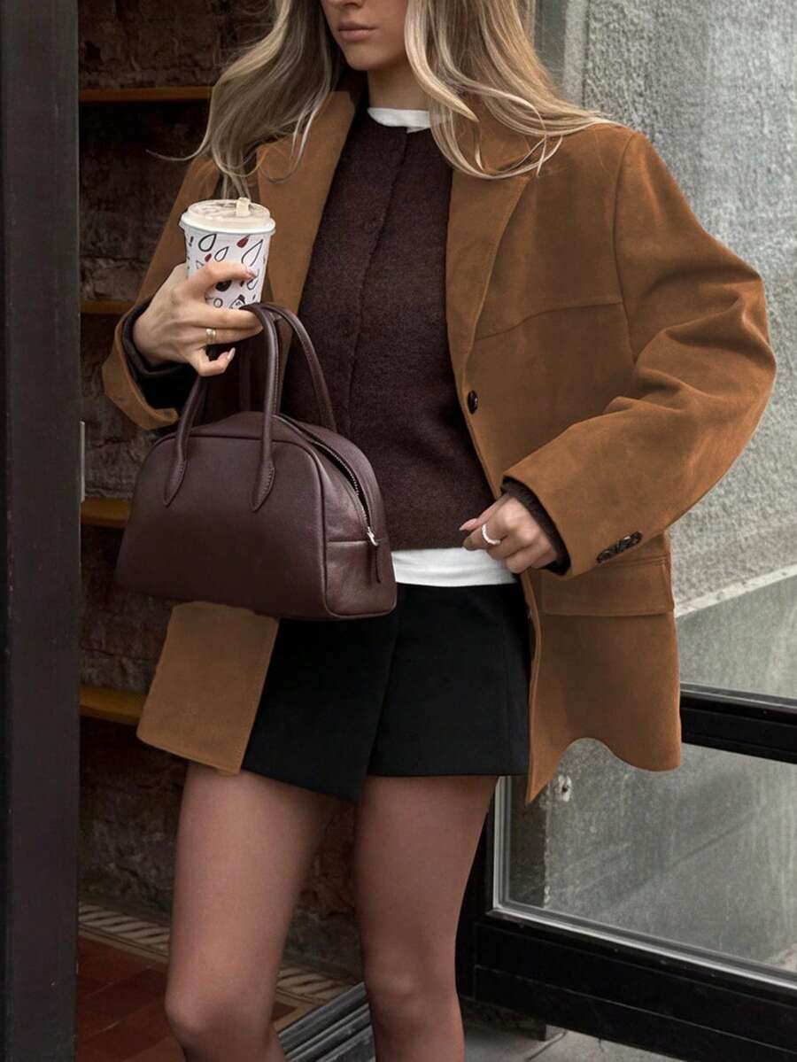 Women's Casual Autumn/Winter Suede Brown Blazer - Khaki - View 1