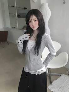 Waist-Cinching Zipper Hoodie, Hot Girl Style, Versatile Loose Fit Autumn Jacket, Hooded Top - Grey - View 3