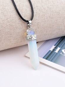 Natural Crystal Hexagonal Pillar Pendant Necklace, Rotating Round Bead Crystal Pillar Charm, Vintage Silver-Tone Leather Cord Necklace, Healing Energy Stone Accessory - Round Bead Single Point Pendant - View 9