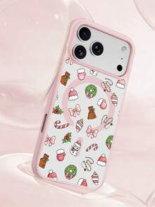 XUSTIO Christmas Snowman Santa Hat Bow Candy Cane Ribbon Magnetic Phone Case Full Coverage Shockproof Anti-Drop Couple Best Friend Style 2 Colors Available Compatible With Apple 11 12 13 14 15 16 17 18 Pro ProMax Plus Daily Commute Holiday Gift Highly Attractive Protective Cover - Pink - View 6