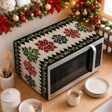 2DFLAT 1PC Polyester Pixel Snowflake Embroidered Microwave Dust Cover, Beige Base With Winter Holly Berry Red & Green Retro Christmas Kitchen Oil-Proof Cover Cloth - Multicolor - View 1