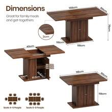 Extendable Dining Table And Chairs Set Of 6, Rectangular Dining Table With Storage Rack And Padded Chairs, Durable Dining Furniture Set Suitable For Dining Room And Kitchen - Brown Table + Grey Linen Chair - View 4