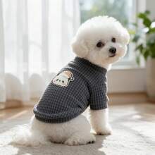 1PC Waffle Knit Dog T-Shirt, Cute Cartoon Panda Patch Half High Collar Pet Short Sleeve Shirt, Soft Stretchy Daily Clothes For Small Dogs Bichon Maltese Poodle - Dark Grey - View 8