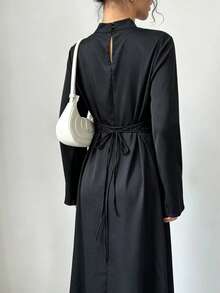 Women's Solid Color Stand Collar Back Knot Casual Daily Long Robe - Black - View 2