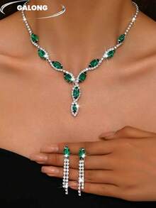 Luxury Marquise Rhinestone Tassel Jewelry Set For Women, V-Shaped Necklace + Long Tassel Earrings, Full Rhinestone Trim Light Luxury Evening Jewelry - Green and White - View 5