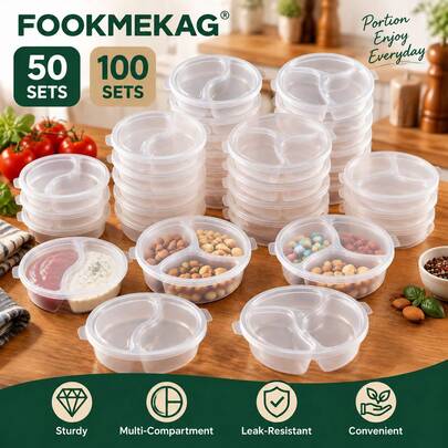 FookmeKag 50/100 Leak-Proof Sauce Cups-2/3 Compartment Condiment Containers, Clear Plastic Snack Containers With Lids, Perfect For Salads, Travel And Tastings, Ideal For Dressings, Dips And Sauces, Leak-Proof Design, Essential For Christmas, Thanksgiving Decor