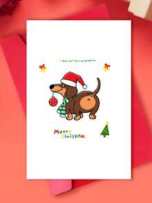 1pc Fun Dachshund In Santa Hat Greeting Card, Festive Cartoon Dog Design, Christmas And New Year Wishes, Universal Holiday Congratulations And Greetings, English Writing, Suitable For Friends, Family, Colleagues, Any Recipient - One Size Fits All - View 1