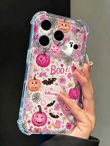 Phone Case - [2D Printed] Compatible With IPhone 18/18 Pro/18 Pro Max/17/17 Pro/17 Pro Max/16/15/14/13/12 Series, Pink Floral Boo Slogan Ghost Pumpkin Sweet Halloween Pattern Transparent Four-Corner Shockproof Phone Case, Lightweight And Protective, Unisex, Suitable For Daily Use - Clear - View 1