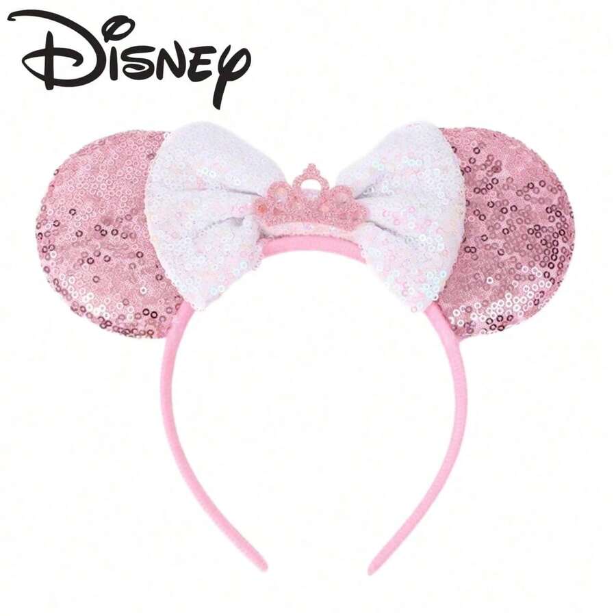 Panini Crown Style Headband, Pink And White Contrast Sequin Bow, Amusement Park Costume Accessory - Multi-color - View 1
