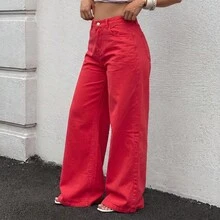Plus Size Bright Red High Waist Wide Leg Denim Jeans, Casual Loose Fit Denim Pants For Autumn/Winter - Red - View 2