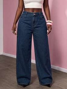 Women's Plus Size Loose Fit Denim Jeans, Long Non-Stretch Vintage Style, With Pockets And Zipper Closure, Original Color Wash Details - Blue - View 4