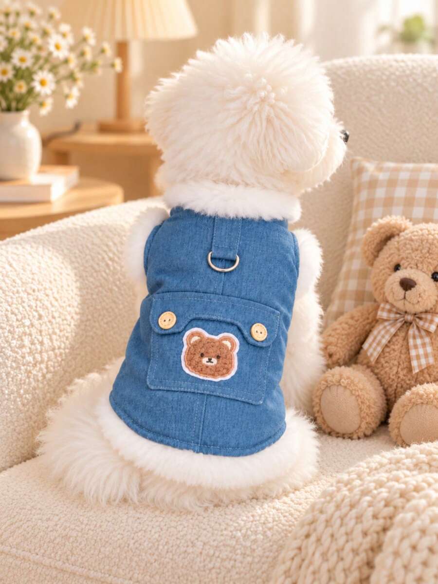 Cute Bear Print Double-Layer Fleece Pet Vest - Thickened Warmth, Soft & Comfortable, With Warm Wool Lining, D-Ring Chest Strap, Cute Bear Design - Winter Pet Jumpsuit (Blue) - Blue - View 1