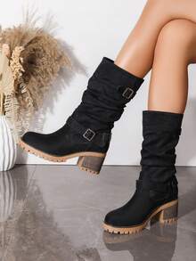 Vintage Ruched Mid-Calf Boots For Women, Chunky Heel, Thick Sole, Belt Buckle, Western Style, Wrinkled Boots, Autumn/Winter Riding Boots - Black - View 1