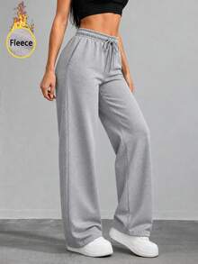 Women's Thermal Lined High Waist Wide Leg Sweatpants With Drawstring Relaxed Fit Casual Lounge Pants For Everyday Wear. - Grey - View 7
