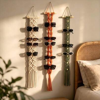 1 buah Gantungan Kacamata Makrame Buatan Tangan, Rak Penyimpanan Kacamata Anyaman Gaya Bohemian dengan Rumbai, Rak Penyimpanan Kacamata Gantung Dinding untuk Kamar Tidur, Lemari, Dekorasi Rumah