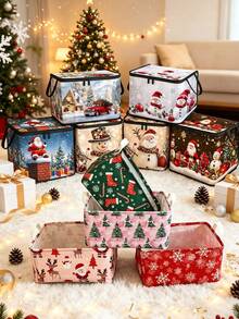 Christmas Zipper Storage Box, Santa Claus & Reindeer Print, Dual Handle Design, Large Foldable Holiday Storage Bin, Dust-Proof Rectangular Organizer, Suitable For Christmas Decorations, Gift Wrapping, Clothes, Toys, Closet, Bedroom And Christmas Party Home Decor - Multicolor - View 6