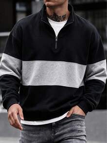 Men's Black & Gray Striped Contrast Half-Zip Sweatshirt, Drop Shoulder Pullover Casual Sweatshirt For Autumn/Winter/Spring - Black - View 6