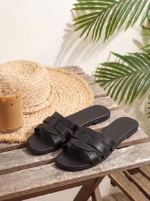 Black Interwoven Cutout Slide Sandals For Women, Elegant Square Open Toe Flat Slippers, Summer Beach Vacation Daily Casual Footwear - Black - View 6