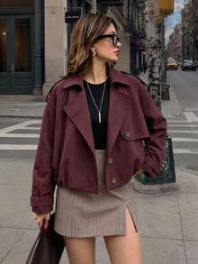 Button Long Sleeve Minimalist Trench Coat, Elegant College Style For Commute And Daily Wear - Burgundy - View 1