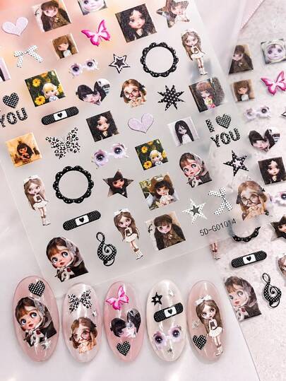1 Sheet 5D Embossed Nail Stickers, Cute Cartoon Doll Pattern, Polka Dot Bow, Star, Heart, Butterfly, I LOVE YOU Letter Self-Adhesive Nail Decals, Sweet Punk Style DIY Manicure Decor For Summer Holiday Party Nail Art Accessories