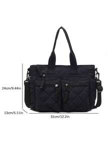 Large Capacity Tote Bag, 3D Quilted Diamond Pattern, Multi-Zipper Pocket Design, Relaxed Casual Style, Black Lightweight Crossbody Handbag, Suitable For Work Commute, Campus Study, Short Trips, Grocery Shopping, Minimalist Versatile Practical Shoulder Bag - Black - View 7