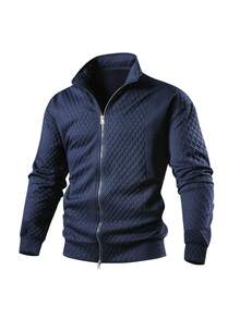 Men's Spring/Autumn Textured Long Sleeve Sweatshirt, Solid Color Stand Collar Casual Versatile Sweatshirt - Blue - View 2