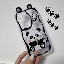 1pc Transparent Bottom 3D Panda Ear Phone Case, Printed With Hugging Bamboo Cartoon Panda Pattern, Soft TPU Material, Wavy Black Edge Full Coverage Phone Case, Comes With Black And White Heart Pearl Beaded Lanyard Accessory, Compatible With Samsung Phones, Fresh Transparent Cute Cartoon Phone Case, Ins Popular Minimalist Cute Style, Pink Blush Panda Pattern Design, Transparent Shell Body Can Retain Original Phone Color - Clear - View 3