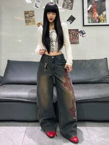 1件女款寬鬆刺繡寬腿牛仔褲，舒適休閒高街百搭丹寧長褲（不含腰帶/配件）秋季 - 銅色 - 查看 6