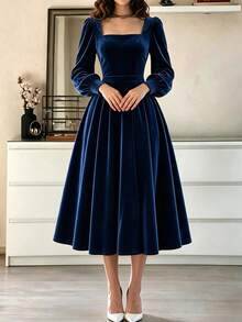 Women's Solid Color Pleated Elegant Cinched Waist Party Long Dress - Navy Blue - View 4
