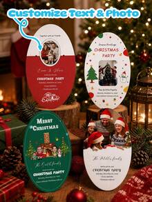 Personalized Oval Cards, Customized Photo And Text, Customized Family Photo Christmas Party Invitation, Merry Christmas Holiday Greeting Card, For Christmas Party Celebration, Customized Christmas Family Gathering Invitation Card, Gift Card/Gift Card/Blessing Card/Invitation/Commemorative Card - Multicolor - View 1