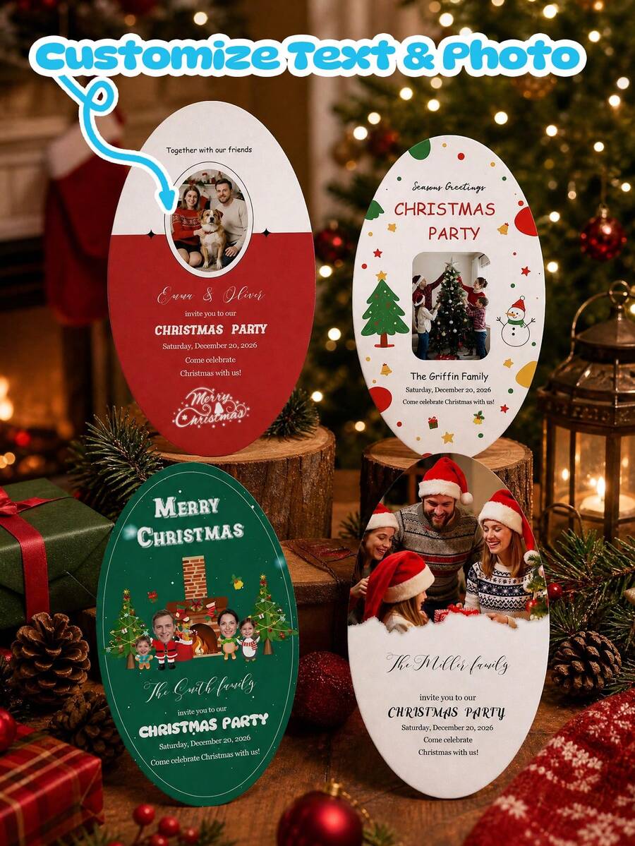 Personalized Oval Cards, Customized Photo And Text, Customized Family Photo Christmas Party Invitation, Merry Christmas Holiday Greeting Card, For Christmas Party Celebration, Customized Christmas Family Gathering Invitation Card, Gift Card/Gift Card/Blessing Card/Invitation/Commemorative Card - Multicolor - View 1