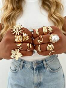 15/7pcs Bohemian Style Faux Pearl Flower Women's Sun Rings Suitable For Daily Wear - Yellow Gold - View 2