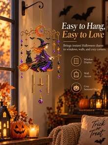 1pc Gothic Halloween Sun Catcher, Black Cat Moon Crystal Window Hanging Decor With Bat And Star Beads, Sunlight Prism Light Capture Decoration, Suitable For Bedroom Window, Witch Style Home Decor - A - View 10