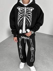 Setelan Pria Zrgoth: Hoodie Resleting Motif Tengkorak Penuh + Celana Jogging Lebar dengan Tali Serut, Gaya Gothic Hitam, Pakaian Kasual Jalanan Halloween 2 Potong - Hitam - View 4