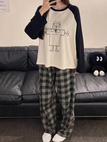 2pcs/Set Women's Pajamas Loungewear Set, Young Casual Pullover Round Neck Couple Style Long Sleeve Long Pants, Comfortable Home Style - Black and White - View 6