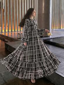 Women's Elegant Long Sleeve Modern Fashion Plaid Print Patchwork Design High-End Elegant Luxury Flare Dress - Multicolor - View 2