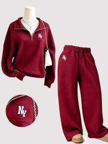 Youth Girl Letter Pattern Embroidered Half-Zip Stand Collar Sweatshirt And Pants - Red - View 1