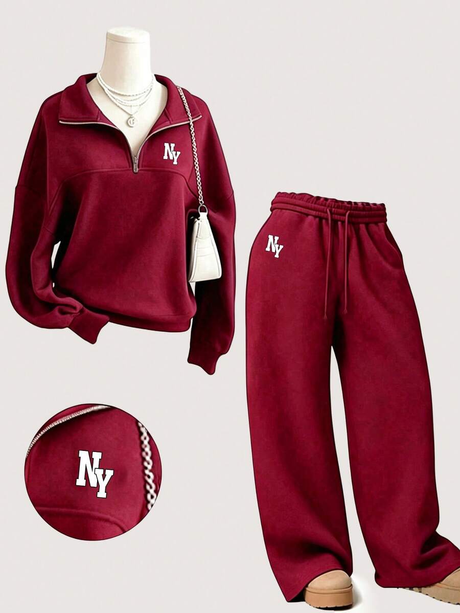 Youth Girl Letter Pattern Embroidered Half-Zip Stand Collar Sweatshirt And Pants - Red - View 1