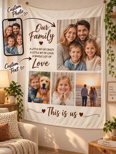 Custom Photo Wall Tapestry Personalized Family Picture Hanging, Smooth Polyester Vertical Tapestry With Custom Photo And Custom Text, Decorative Wall Art For Bedroom Living Room, Family Gift Home Decor
