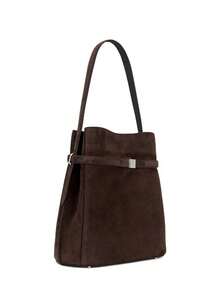 Women's Suede Shoulder Bag, Minimalist Lace-Up Large Capacity Tote, Long Strap Design, Adjustable Shoulder Strap Crossbody Bag, Casual Daily Commute Work Bag - Coffee - View 2