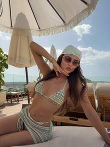 Bikinx Women's Summer Beach Wavy Pattern Halter Tie Sexy Bikini Set With Cover Up Skirt Vacation, Matching Set - Multicolor - View 11